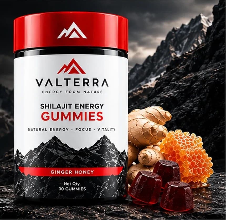 Valterra Shilajit Energy Gummies jar in front of mountains